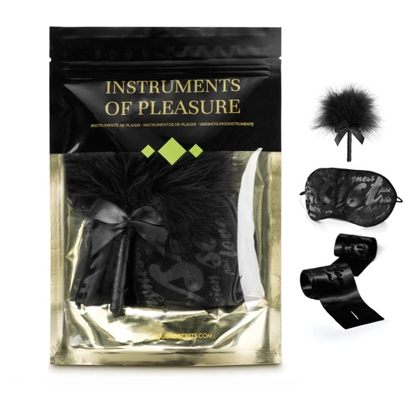 Main image of Bijoux Indiscrets Instruments of Pleasure Set Green - Feather Tickler & Satin Accessories